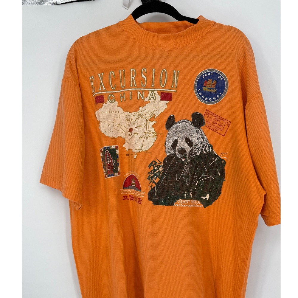 Vintage‎ 90s Excursion China Shanghai Panda Graphic T Shirt Large Orange Tourist